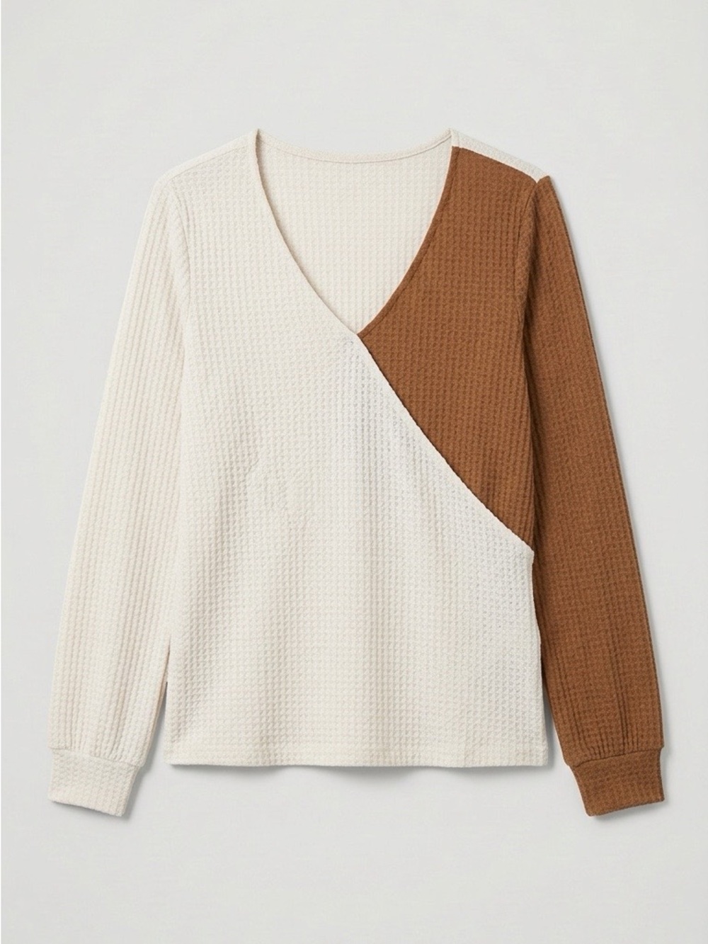 SHEIN Two-Tone Waffle-Knit V-Neck Sweater in Cream & Brown